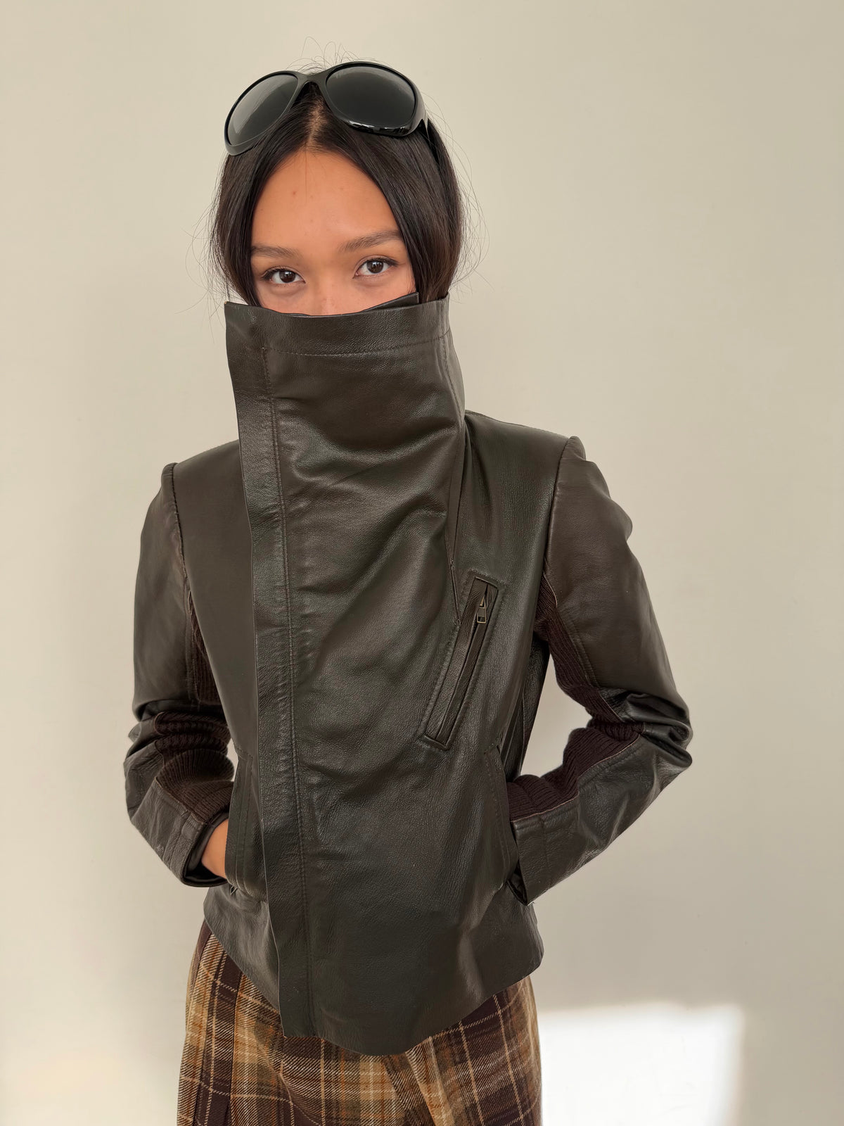 leather funnel jacket